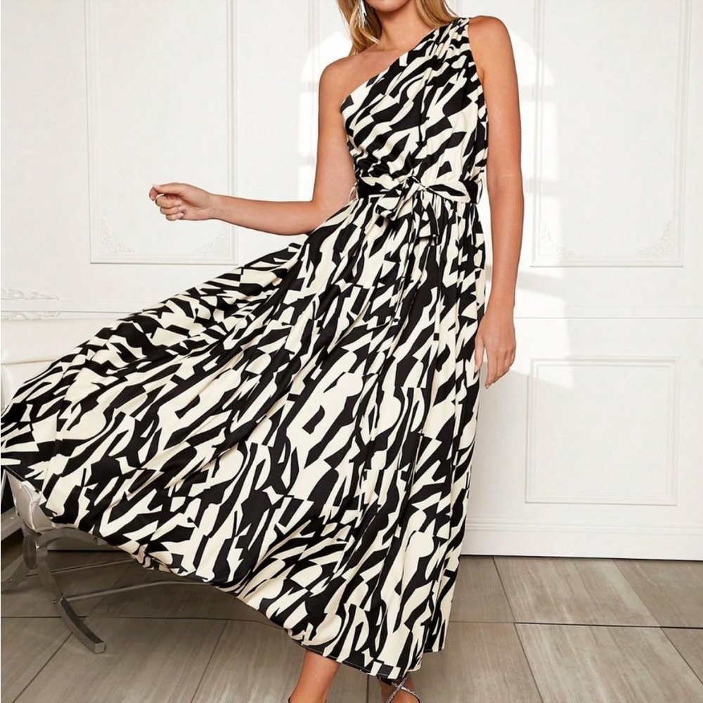 Black & White Preppy Womens Allover Print One Shoulder Belted Dress